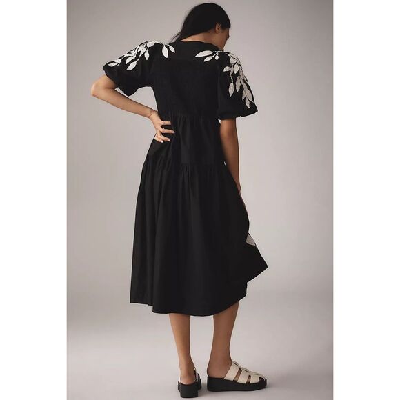 Anthropologie Short-Sleeve Embroidery Appliqué Midi Dress Medium Petite MP NEW - Picture 2 of 3